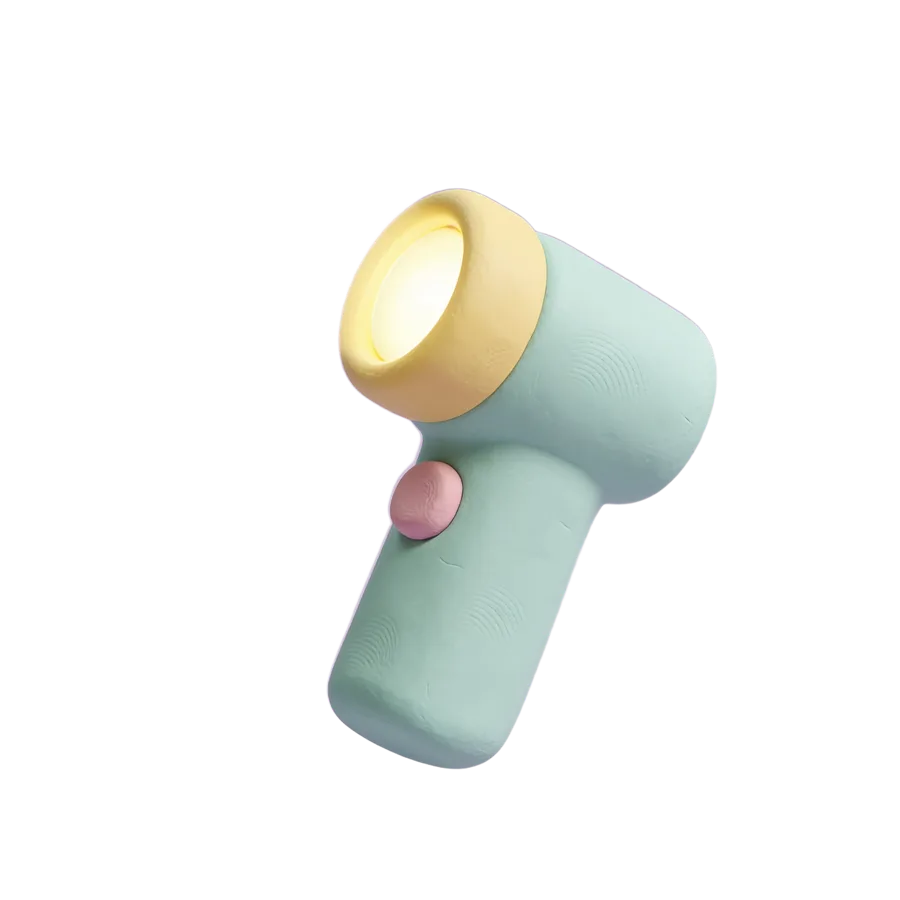 A clay flashlight with a warm glowing beam.