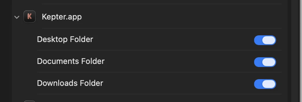 System Settings showing Kepter.app expanded with switches for Desktop Folder, Documents Folder, and Downloads Folder, all turned on.