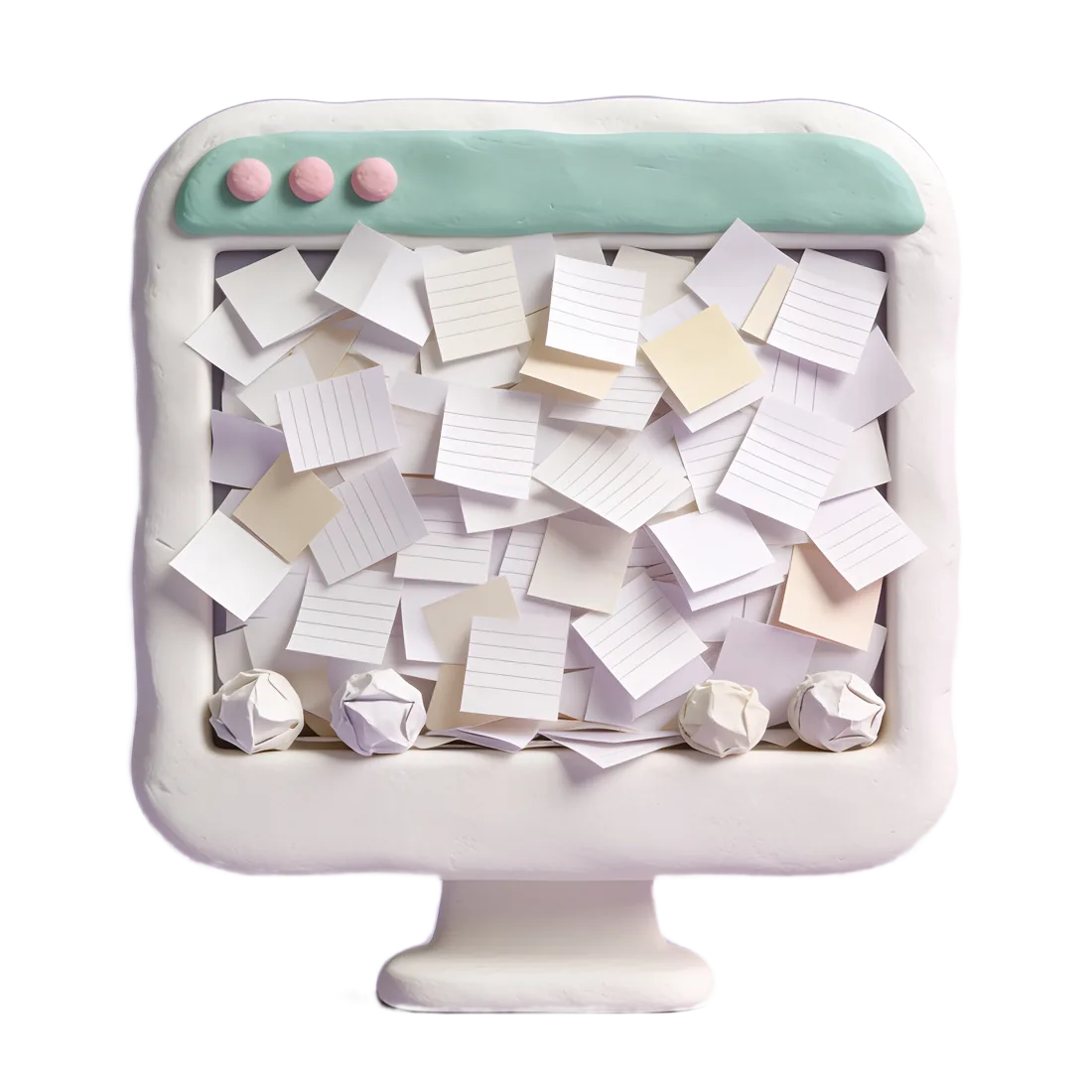 A clay computer with its screen buried under scattered clay papers.