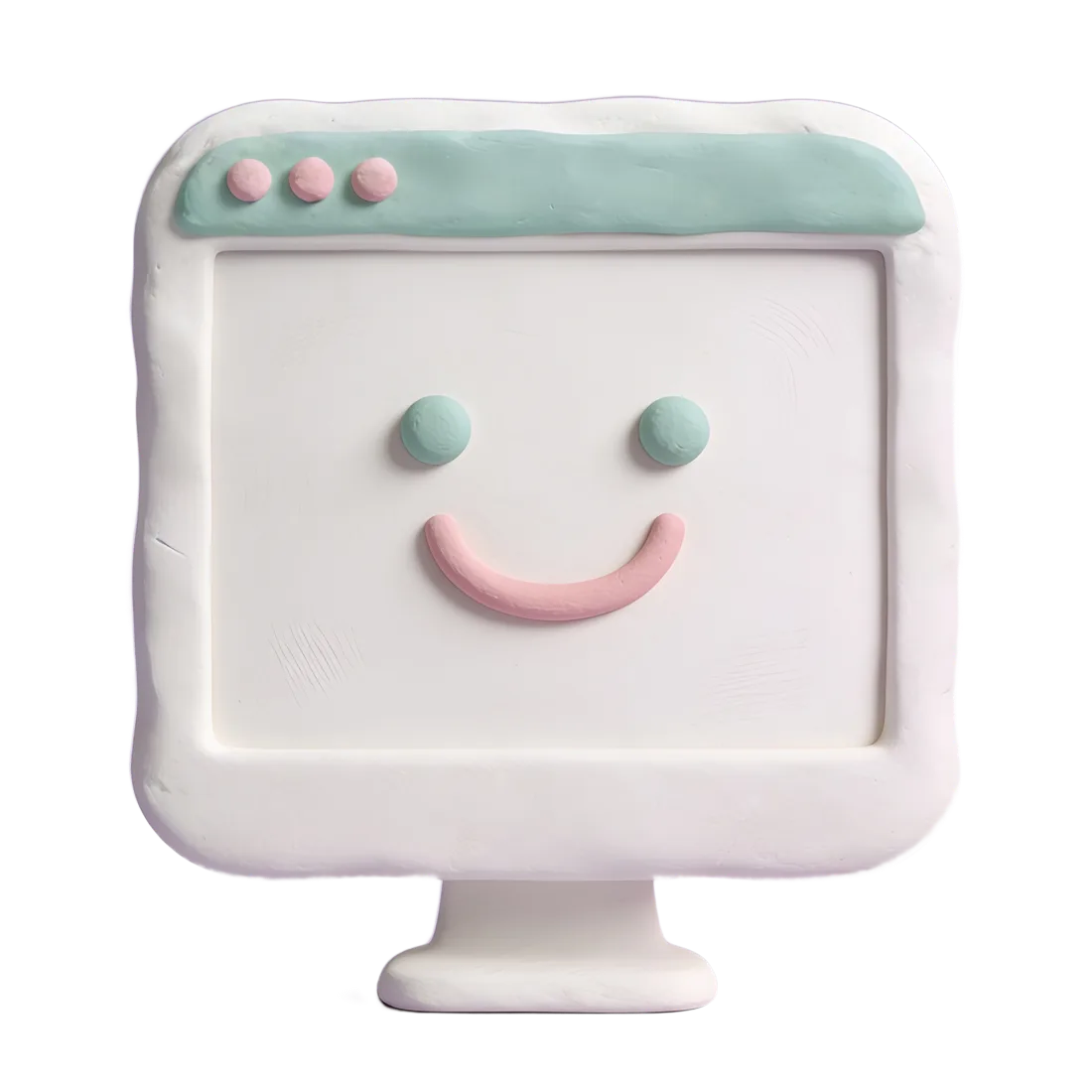 The same clay computer, screen clear, wearing a happy smile.