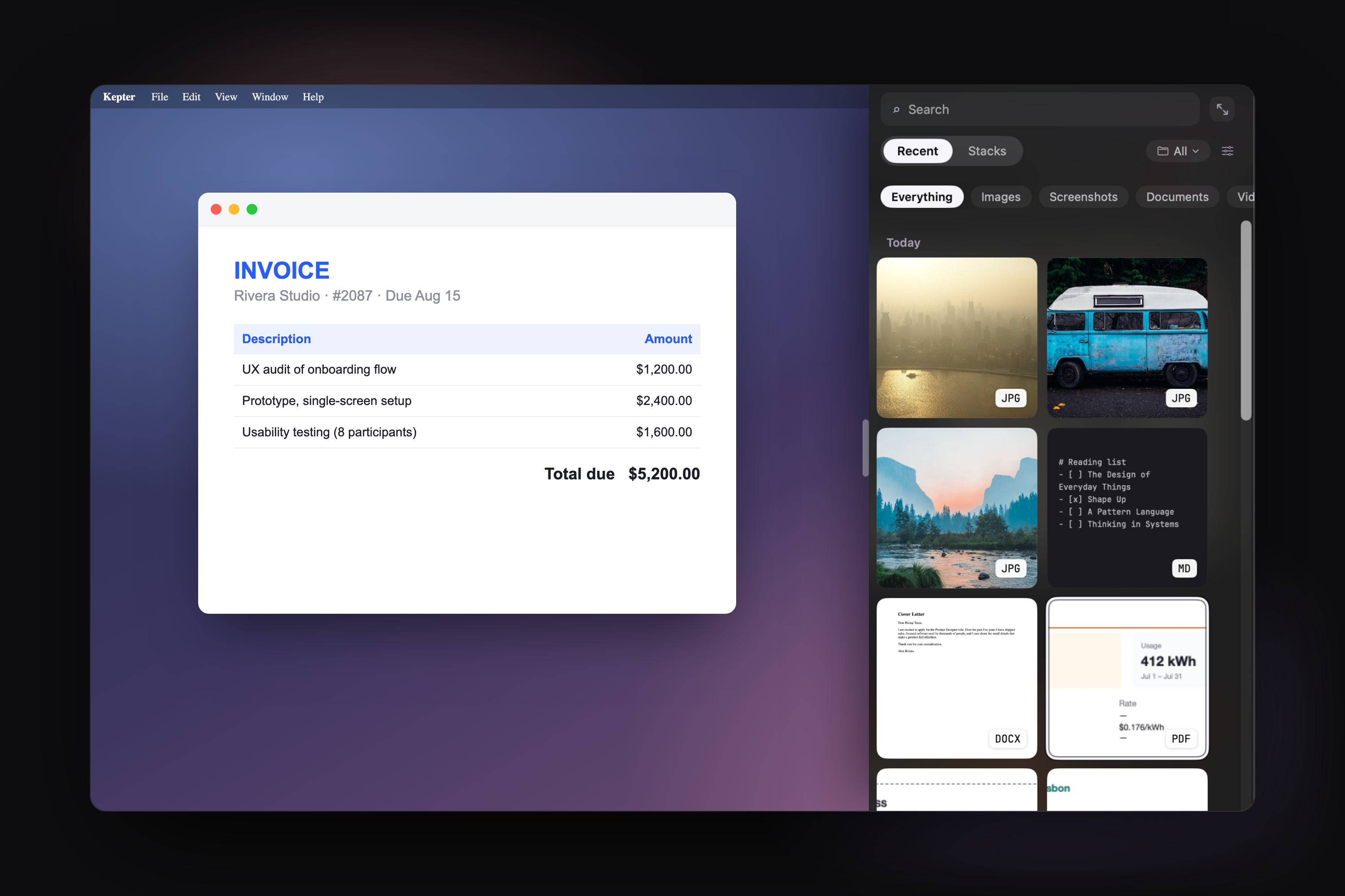 The Kepter drawer docked to the right edge of the Mac desktop, holding a week of real files grouped by day: an invoice, a boarding pass, a bank statement, notes and photos, while a document sits open on the desktop.