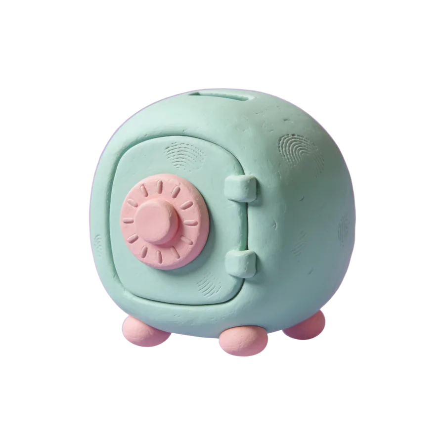 A soft clay safe with a round pink dial and little pink feet, the Kepter mascot.
